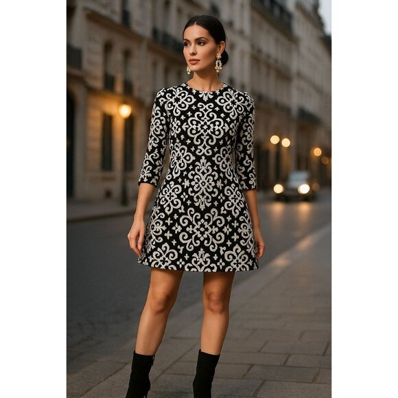 Cato Fit & Flare Dress 8P Black White Jacquard Knit Mod Retro Classic Preppy - Picture 1 of 5